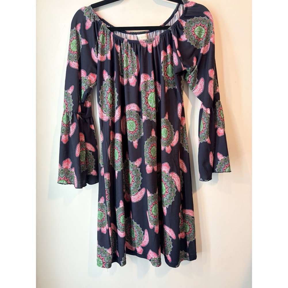 Simply Southern Women's Medium Turtle Print Off Shoulder Bell Sleeve Dress Boho